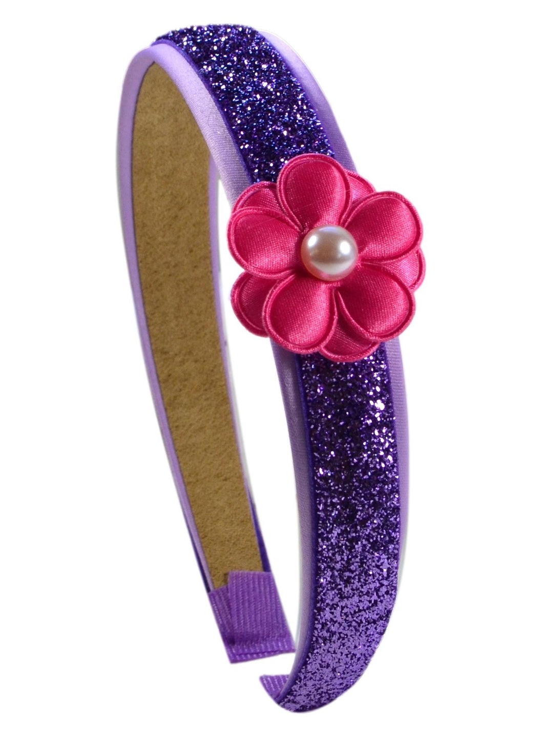 Purple Glitter Headband with Pink Daisy Flower for Preschoolers and Little Girls