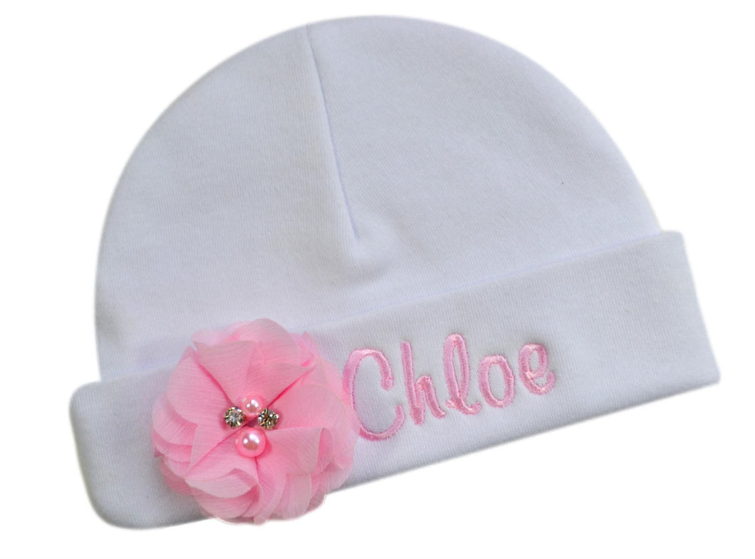 Personalized Baby Girl Hat with Sweet Chiffon Flower and Embroidered Name