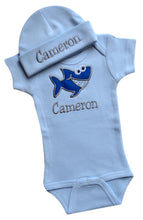 Load image into Gallery viewer, Personalized Embroidered Baby Shark Bodysuit with Matching Cotton Beanie Hat
