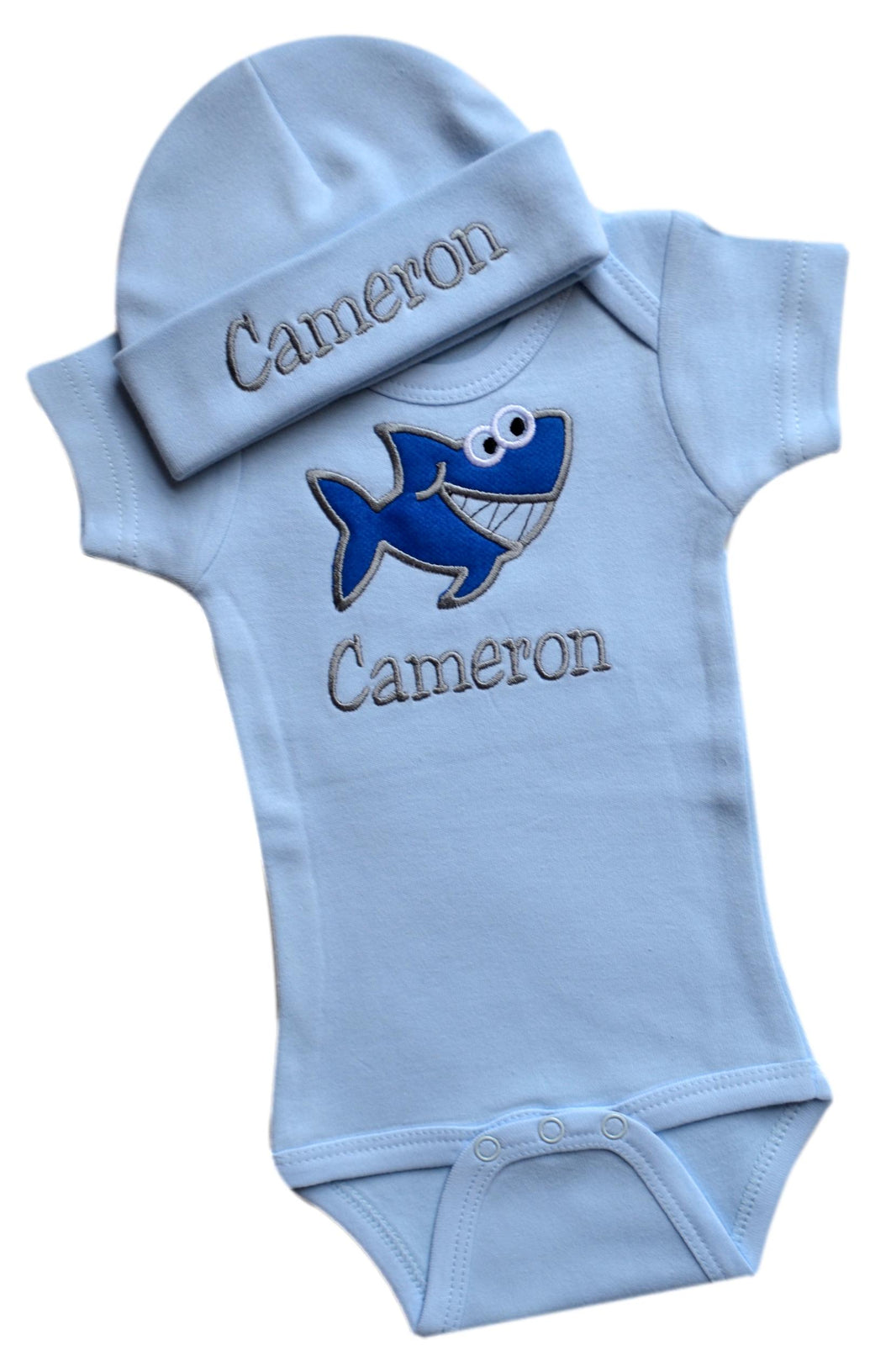 Personalized Embroidered Baby Shark Bodysuit with Matching Cotton Beanie Hat