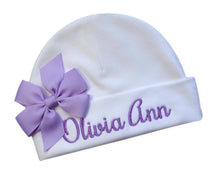 Load image into Gallery viewer, Newborn Personalized Embroidered Baby Hat in Script Font with Custom Name and Bow

