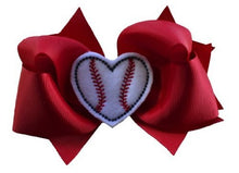 Load image into Gallery viewer, Baseball Hair Bow with Baseball HEART Appliqué Center

