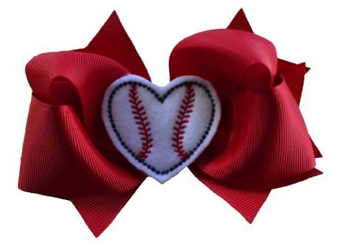 Baseball Hair Bow with Baseball HEART Appliqué Center