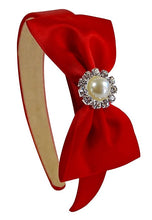 Load image into Gallery viewer, Simple Satin Bow  Arch Headband with Jeweled Pearl - 8 Colors!
