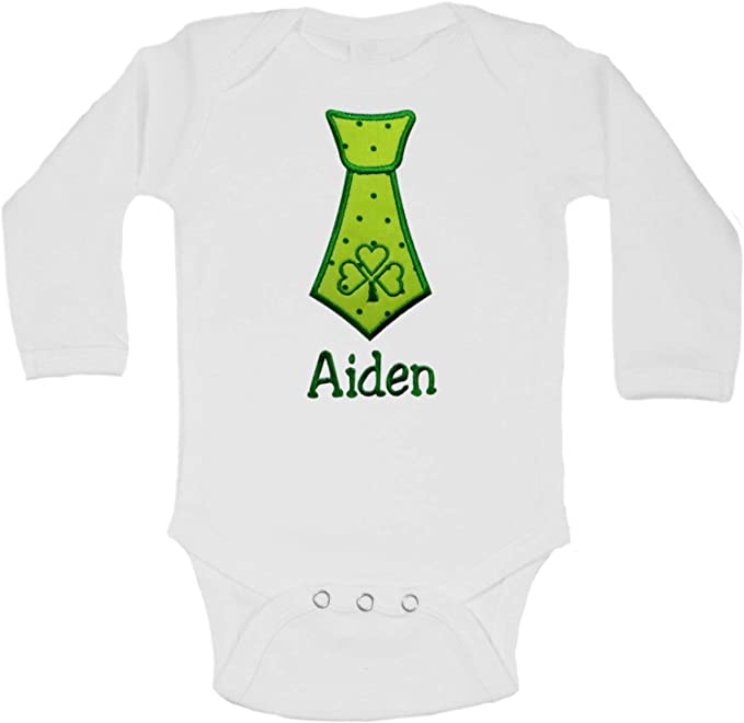 Embroidered St. Patrick's Day Shamrock Tie Bodysuit Romper for Baby Boys - Personalized with Your Custom Name