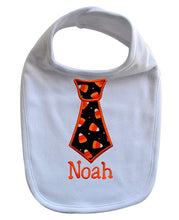 Load image into Gallery viewer, Personalized Halloween Neck Tie Bib with Custom Embroidered Name  - Candy Corn Tie
