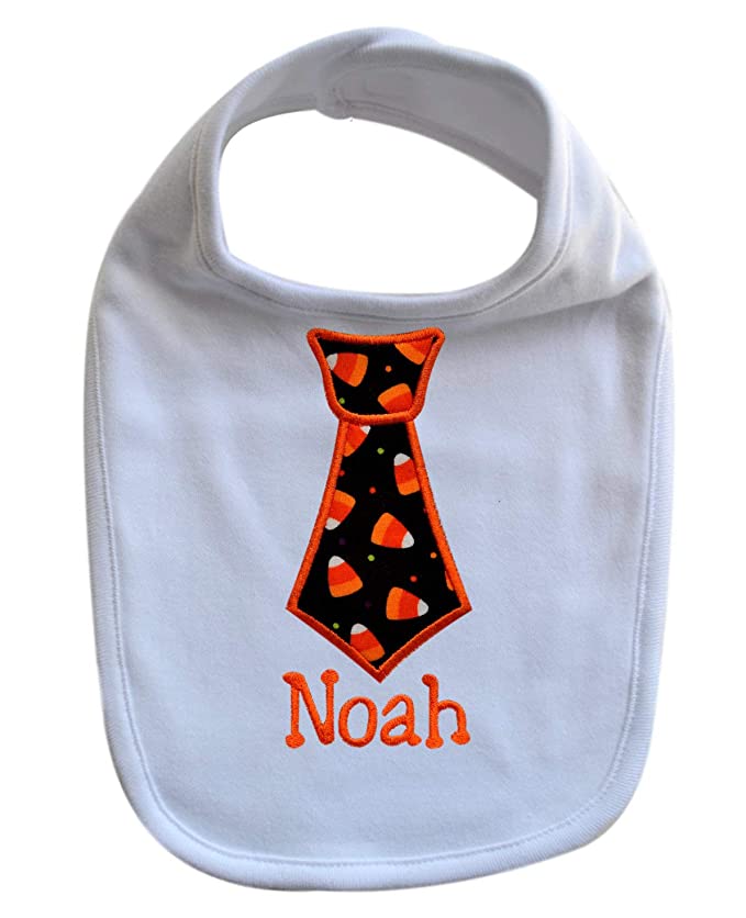 Personalized Halloween Neck Tie Bib with Custom Embroidered Name  - Candy Corn Tie