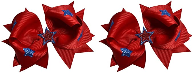 4th of July Lil Firecracker Sparkling Stars Hair Bow SET for Girls (2) 4.5 inch Grosgrain Bows