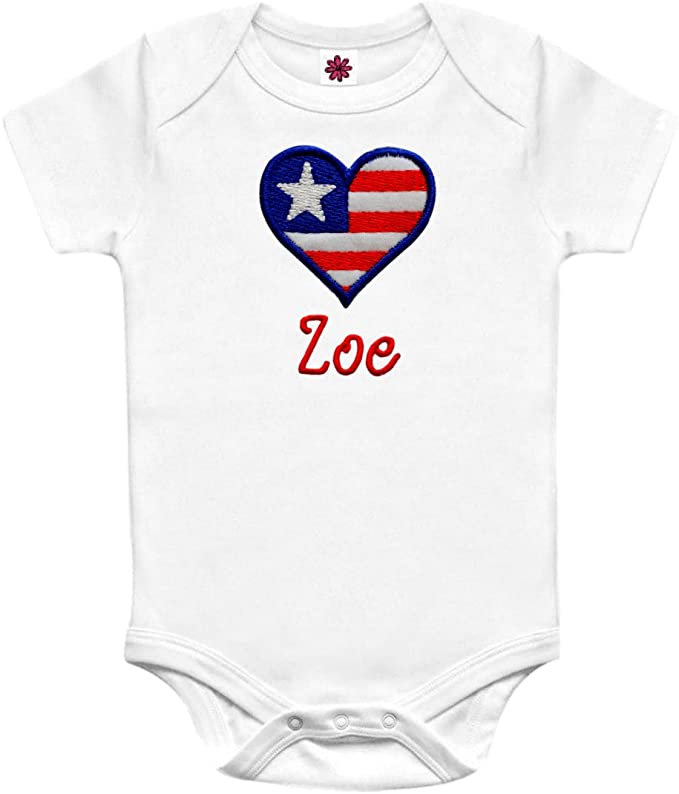 Personalized 4th of July Bodysuit for Baby Girls with Custom Name and Embroidered Patriotic Heart