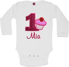 Load image into Gallery viewer, Embroidered Glitter Cupcake First Birthday Onesie Bodysuit for Baby Girl with Your Custom Name
