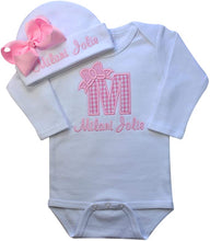 Load image into Gallery viewer, Baby Girl Embroidered Initial Onesie Bodysuit and Matching Grosgrain Bow Hat with Your Custom Name
