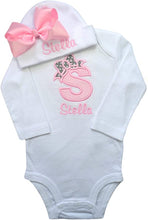 Load image into Gallery viewer, Baby Girl Embroidered Initial Onesie Bodysuit and Matching Grosgrain Bow Hat with Your Custom Name
