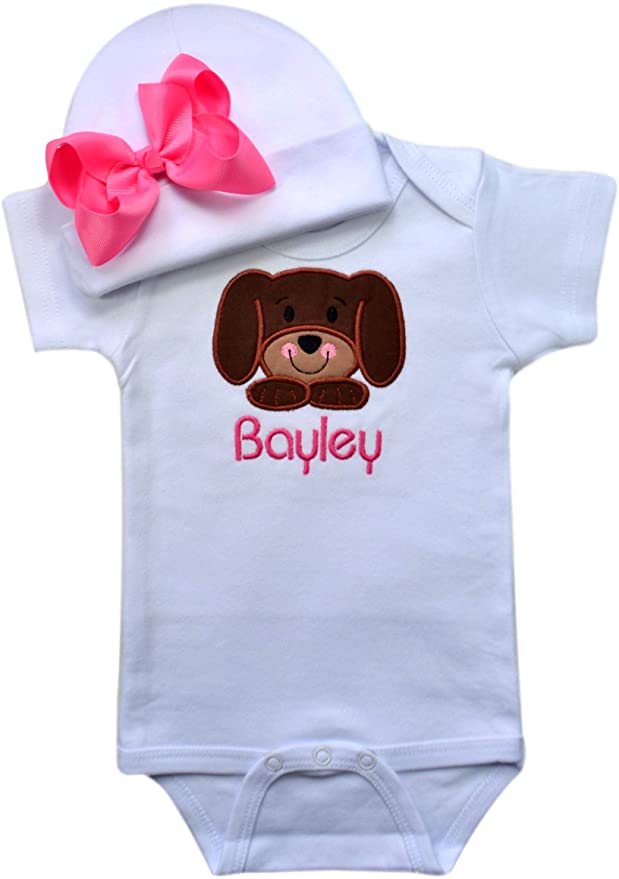 Baby Girl Embroidered Puppy Dog Bodysuit and Matching Bow Hat