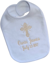 Load image into Gallery viewer, Christening Bib for Babies Personalized and Embroidered Name and Baptism Date - 5 COLORS!
