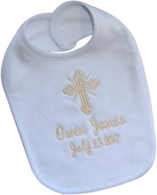 Load image into Gallery viewer, Christening Bib for Babies Personalized and Embroidered Name and Baptism Date - 5 COLORS!
