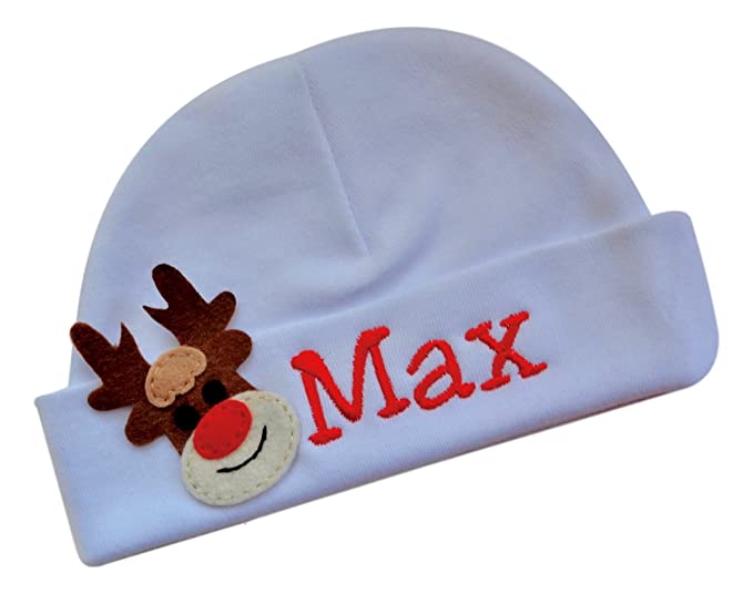 Personalized Red Nosed Reindeer Hat Christmas Baby Gift with Embroidered Name