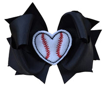 Load image into Gallery viewer, Baseball Hair Bow with Baseball HEART Appliqué Center
