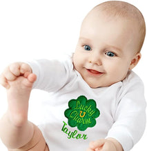 Load image into Gallery viewer, Personalized Embroidered Lucky Charm St. Patrick&#39;s Day Bodysuit with Your Custom Name
