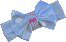 Load image into Gallery viewer, Satin Bow and Embroidered Felt Skull Baby Headband

