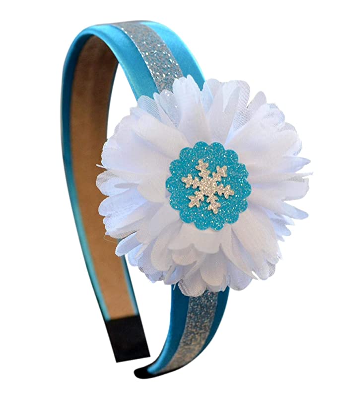 Frozen Princess Inspired Sparkling Snowflake Satin Flower Headband - Snow Queen Inspired