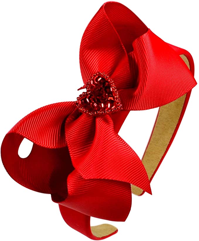 Valentines Day Beaded Heart Girls Grosgrain Bow Arch Headband