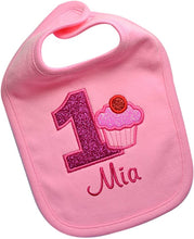 Load image into Gallery viewer, First Birthday Sparkling Cupcake Year One Smash Bib with Custom Name
