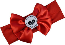 Load image into Gallery viewer, Satin Bow and Embroidered Felt Skull Baby Headband
