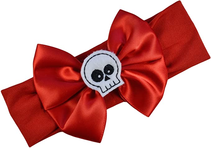Satin Bow and Embroidered Felt Skull Baby Headband