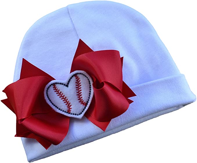 Baseball Bow Cotton Baby Hat with Embroidered Baseball Heart for Baby Girls