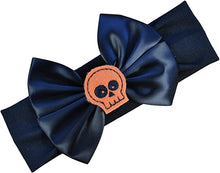 Load image into Gallery viewer, Satin Bow and Embroidered Felt Skull Baby Headband
