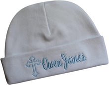Load image into Gallery viewer, Personalized Embroidered Cross Baby Hat with Custom Name for Christening and Baptism
