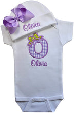 Load image into Gallery viewer, Baby Girl Embroidered Initial Onesie Bodysuit and Matching Grosgrain Bow Hat with Your Custom Name
