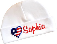 Load image into Gallery viewer, Personalized 4th of July Baby Girl Cotton Hat with Custom Name and Embroidered HEART Flag
