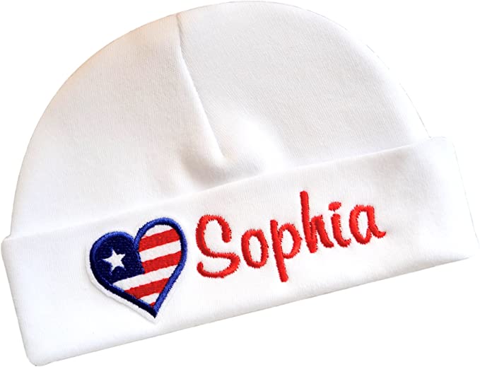 Personalized 4th of July Baby Girl Cotton Hat with Custom Name and Embroidered HEART Flag