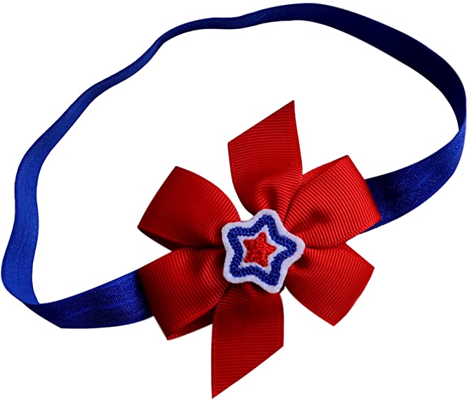 4th of July Patriotic Embroidered Star Elastic Baby and Toddler Girls Headband with 3 inch Simple Bow