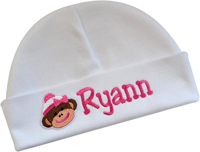 Personalized Embroidered Baby Girl Hat with Pink Sock Monkey Applique
