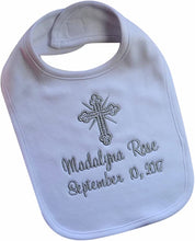 Load image into Gallery viewer, Christening Bib for Babies Personalized and Embroidered Name and Baptism Date - 5 COLORS!
