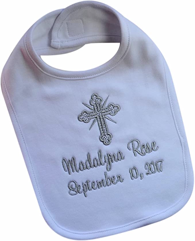 Christening Bib for Babies Personalized and Embroidered Name and Baptism Date - 5 COLORS!