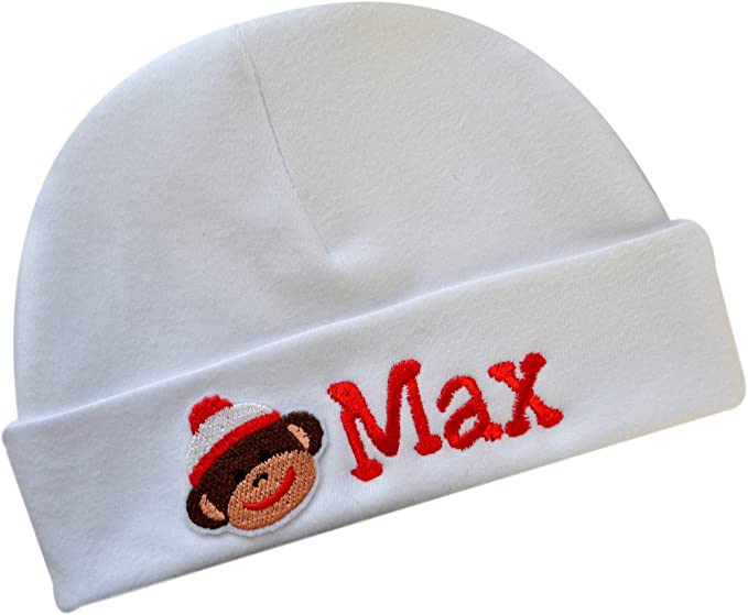 Personalized Cotton Baby Hat with Custom Embroidered Name and Sock Monkey