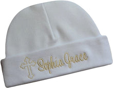 Load image into Gallery viewer, Personalized Embroidered Cross Baby Hat with Custom Name for Christening and Baptism
