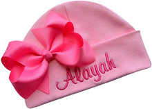 Load image into Gallery viewer, Embroidered Baby Girl Hat with Grosgrain Bow and Custom Name
