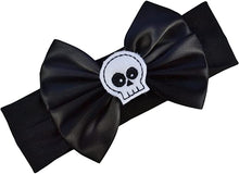 Load image into Gallery viewer, Satin Bow and Embroidered Felt Skull Baby Headband
