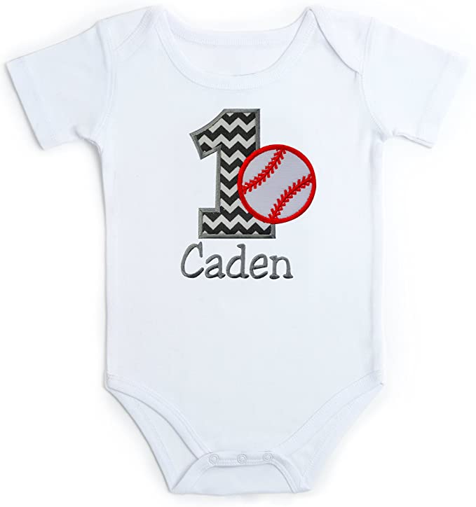 Embroidered First Birthday Year 1 BASEBALL Bodysuit for Baby Boys with Your Custom Name