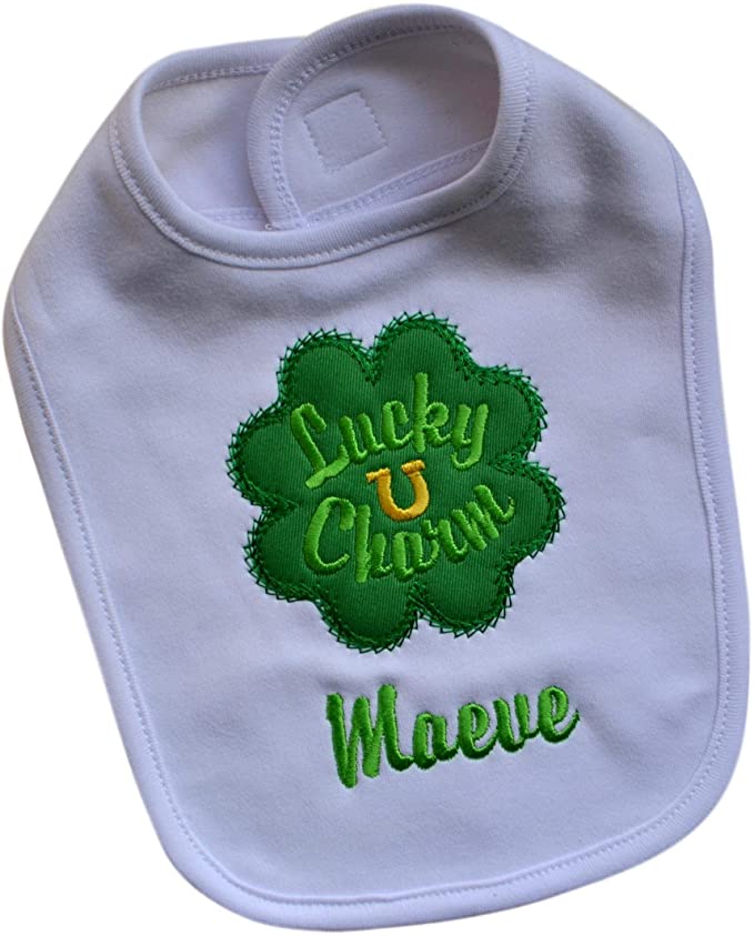 Lucky Charm St. Patrick's Day Embroidered Baby Bib with Your Custom Name