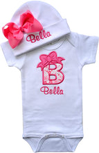 Load image into Gallery viewer, Baby Girl Embroidered Initial Onesie Bodysuit and Matching Grosgrain Bow Hat with Your Custom Name
