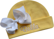Load image into Gallery viewer, Embroidered Baby Girl Hat with Grosgrain Bow and Custom Name
