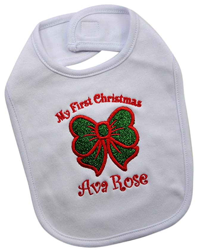 Personalized and Embroidered My First Christmas Baby Bib with Sparkling Bow for Baby Girls