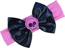 Load image into Gallery viewer, Satin Bow and Embroidered Felt Skull Baby Headband
