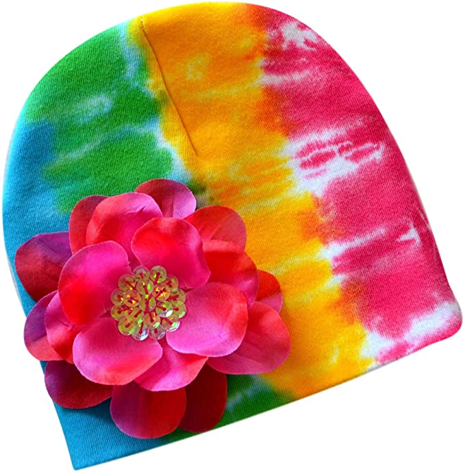 Rainbow Tie Dye Cotton Baby Hat with Hot Pink Flower