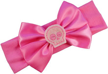 Load image into Gallery viewer, Satin Bow and Embroidered Felt Skull Baby Headband
